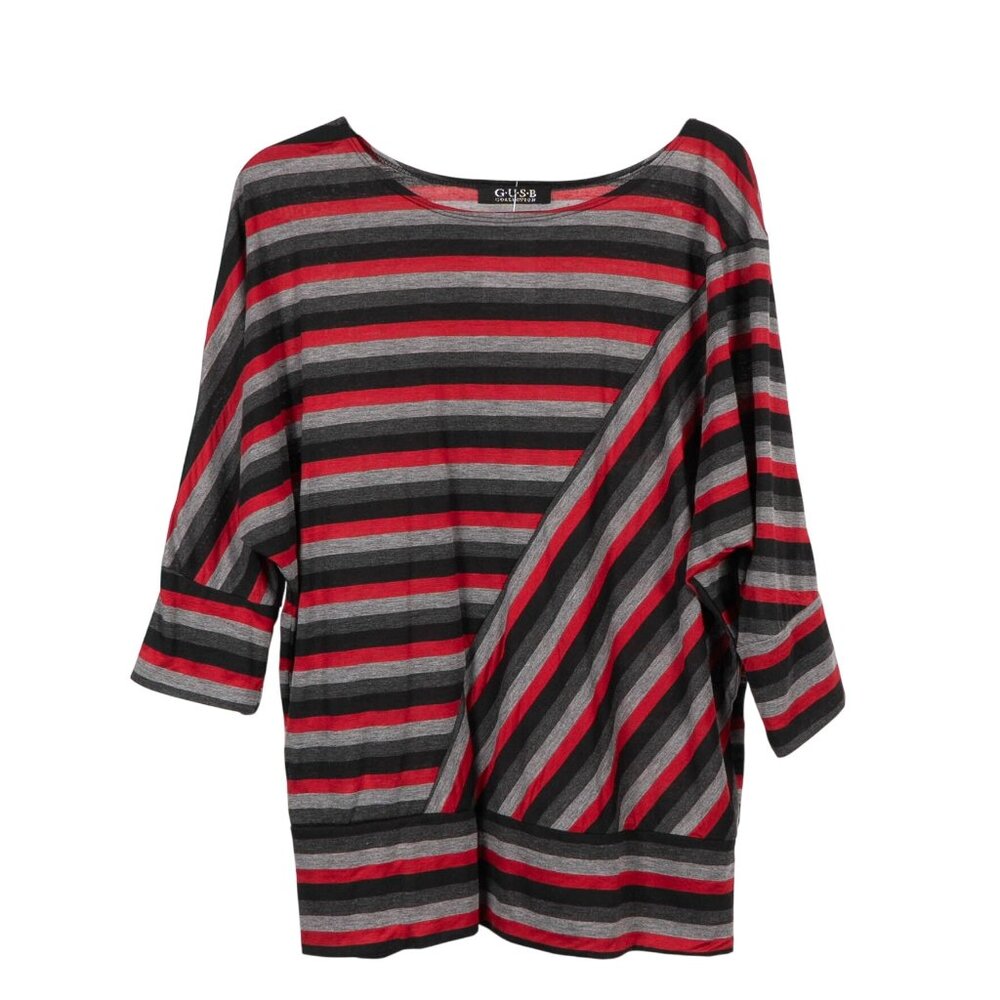 GUSB Asymmetric Striped Shirt L Women Y2K Red Gray Black Striped 3/4 Sleeve Knit